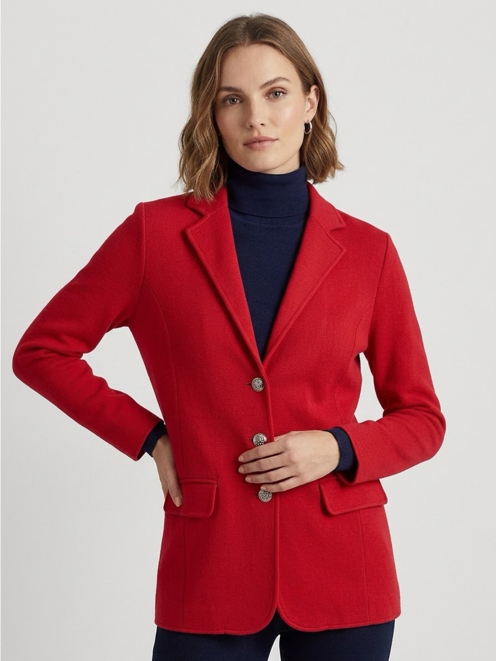 Lauren Ralph Lauren Red Knit Blazer Jacket Silver Crest Buttons Size Large